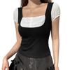 Women's T-shirt Tops, Short-sleeved Square Neck Design, Slim Stitching, Fake Two-piece Soft Tops Shirt