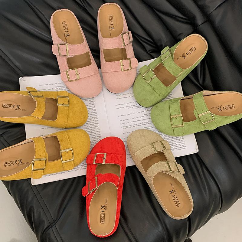 2025 весна новая круглая голова плоская подошва один ремешок низкий каблук мягкая кожа матовая толстая подошва ленивые полушлепанцы boken женская обувь