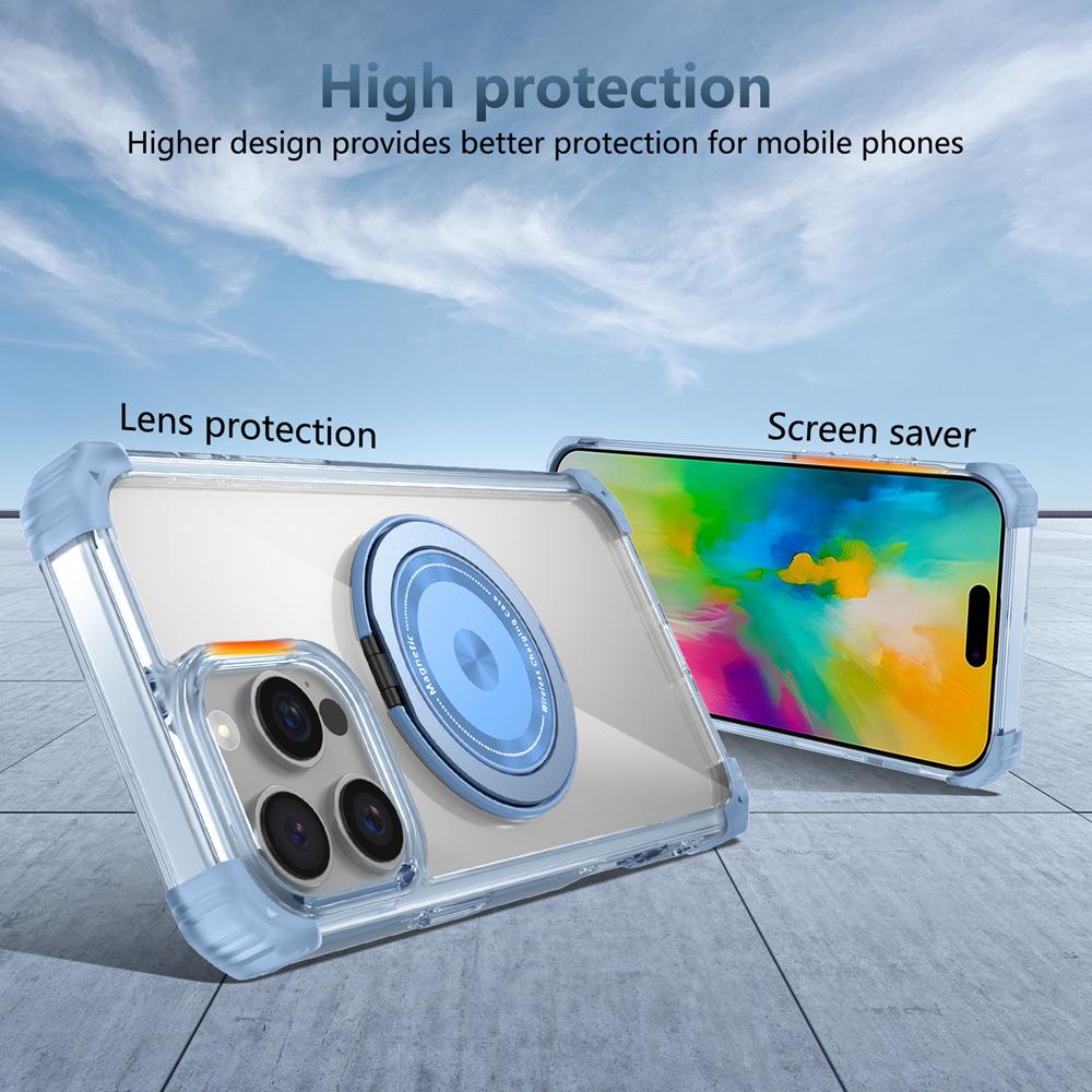 KEYSION HD Transparent Stoßfest Fall für MagSafe für iPhone 16 Pro Max 16 Plus 360 ° Drehbare Magnetische Ring Stand Telefon Abdeckung