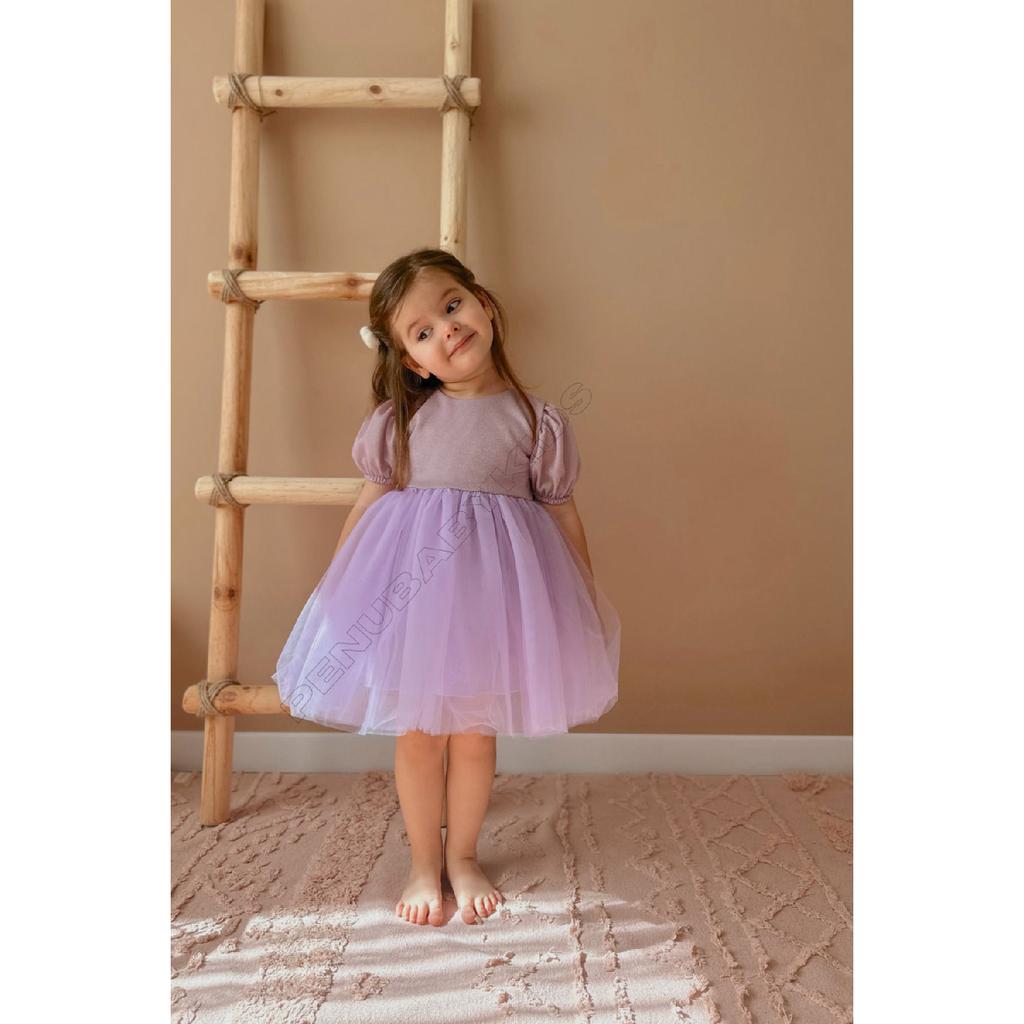 Rosa kurze Ballon-Stoffärmel, detailliertes Tutu-Tutu-Kleid für Babymädchen