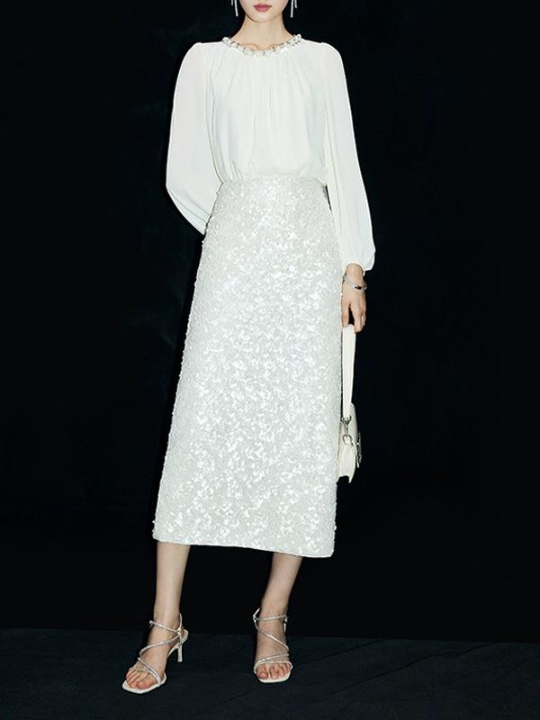 Autumn 2025 Elegant High-Waisted Porcelain White Sequin Midi Skirt for Women