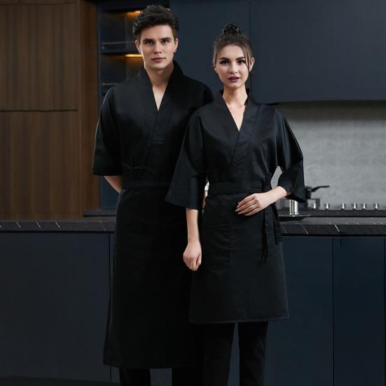 Chef Uniform with Apron Adjustable Waist Strap Unisex V-Neck Crossover Style Chef Jacket Professional Kitchen Workwear