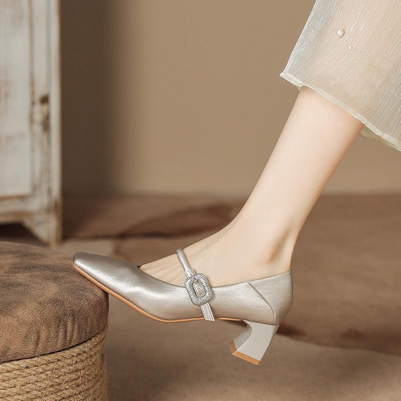 H759-6 silver Mary Jane high heels small fragrant satin word with square head thick heel women's shoes rhinestone spring and summer