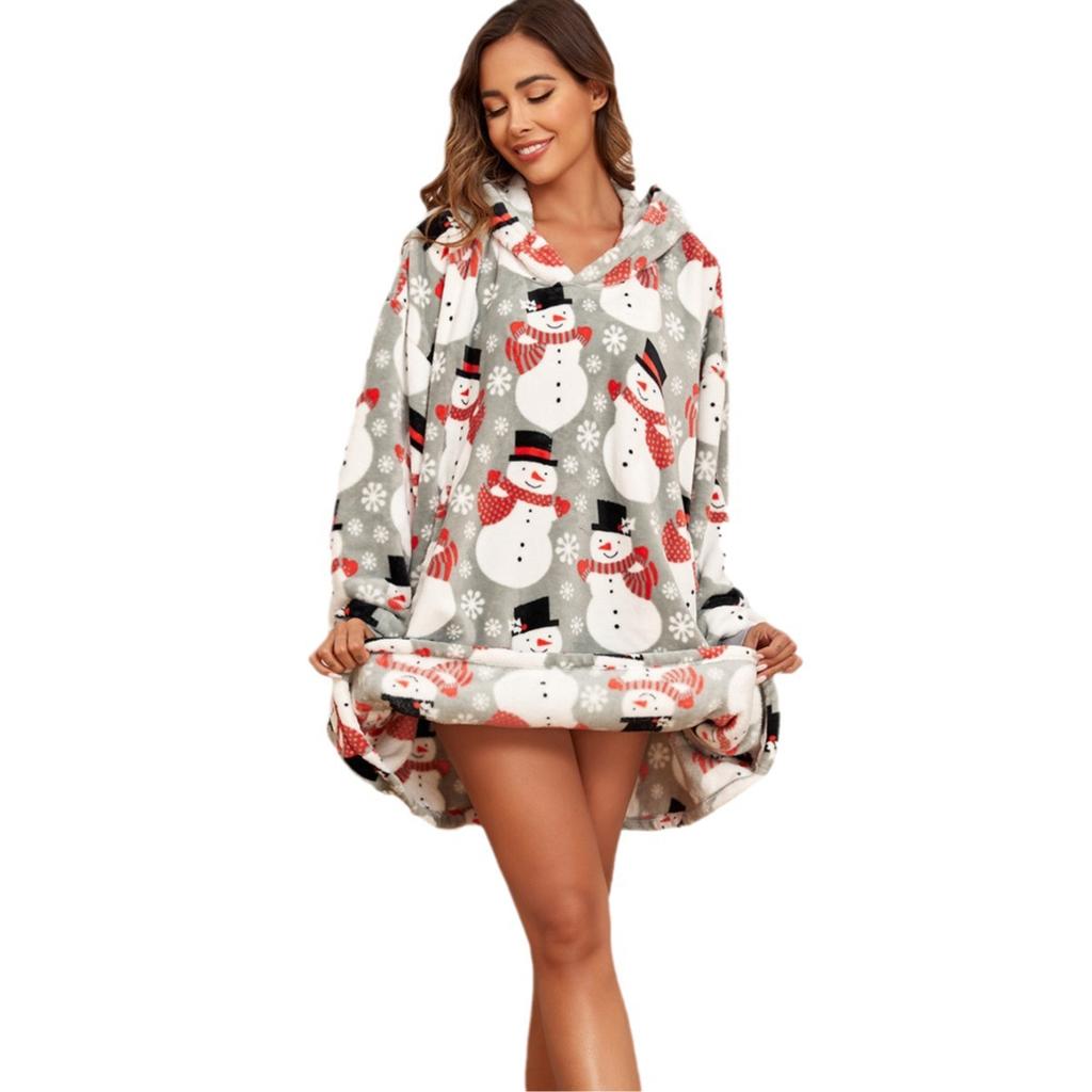 Women's Cozy Flannel Wearable Blanket Hoodie with snowman Pattern, Soft Machine-Washable Sweatshirt for Lounge, Outdoor