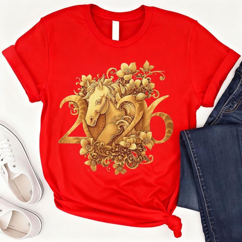 

2026 Year of The Horse Cotton TShirt Chinese New Year Tee Lunar New Year Gift Red Gold Horse Zodiac 1717 Lucky Celebration Tees S
