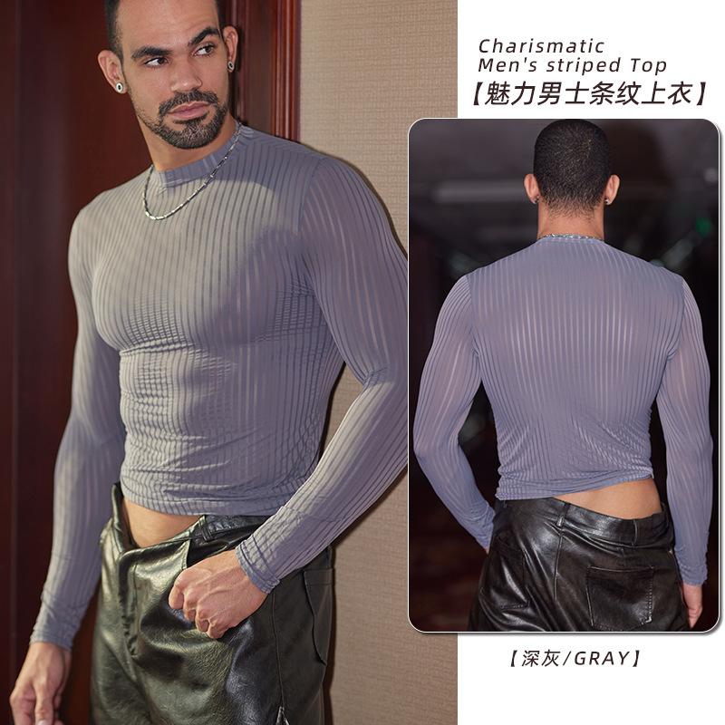 Mens Sexy Tops Stripes Thin See Through Elastic Silky Long Sleeves T Shirt Slim Casual Clubwear Male Hot Sexy Muscle Thin Top