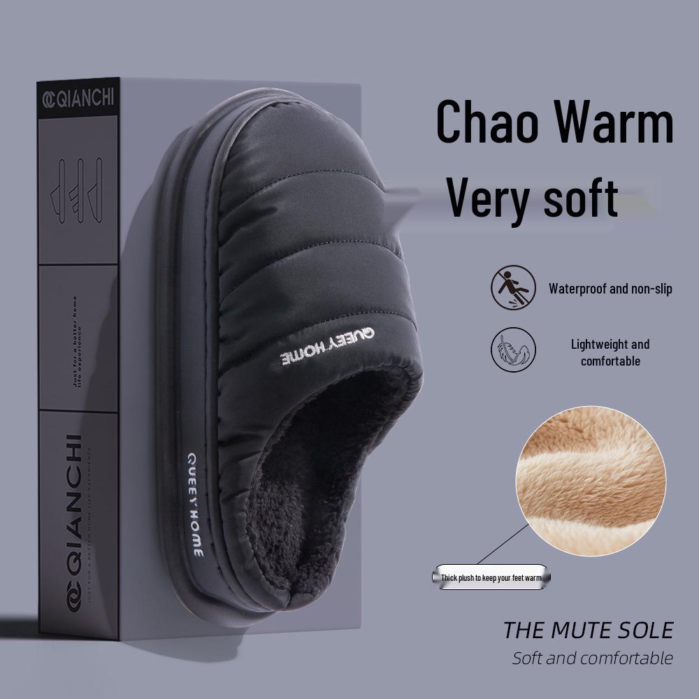 

2025 Новые водонепроницаемые нескользящие хлопковые тапочки для домашнего/уличного использования - Женские зимние, Мужские теплые в стиле пуховой ткани 38-39 (fits 37-38) чёрный