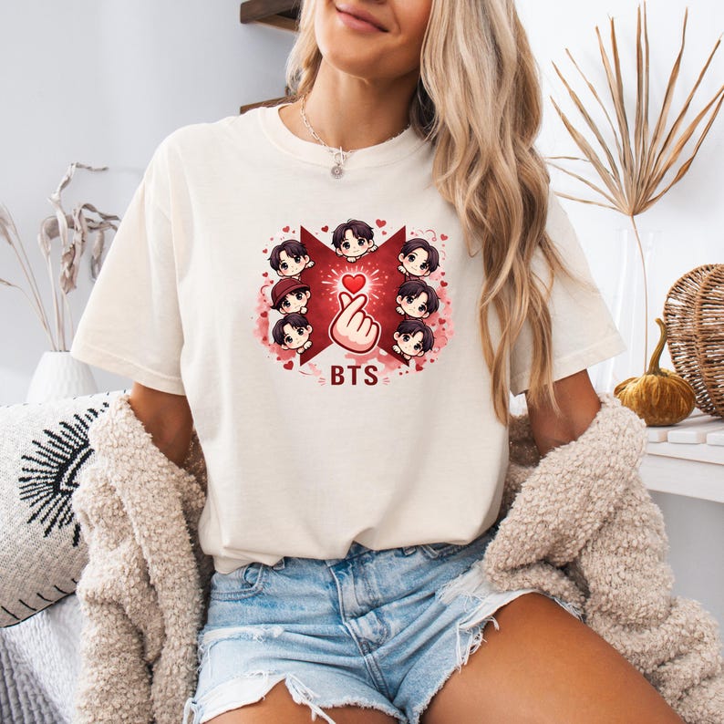 2026 BTS Chibi Cămașă Roșie, Tricou Drăguț Kpop cu Inimă din Degete, Tricou BTS de Valentine's Day, Cadou ARMY, Tricou Kpop Romantic, Stil Vintage