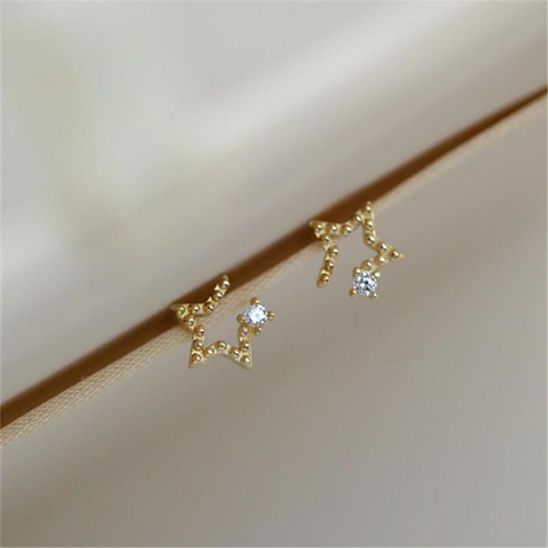 925 Sterling Silver Electroplated 14K Gold Asymmetric Star Zircon Earrings for Women Student Mini Simple Jewelry