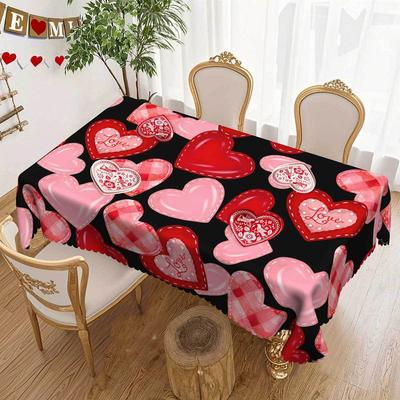 Red Heart Round Tablecloth, Valentine'S Day Love Design Black Background Table Cloth, Waterproof Party Decorative Cover Cloth
