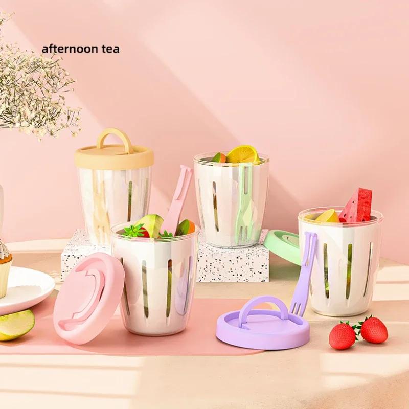 Salad Cup With Fork Cylindrical Plastic Fruit Cup Multifunctional Drainage Function Salad Container, Portable Lunch Box