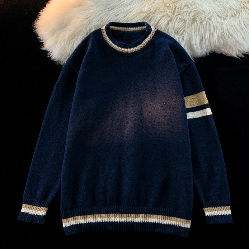 Autumn and winter simple color-blocked pullover sweater for men versatile round neck sweater ins Harajuku style loose student sweater