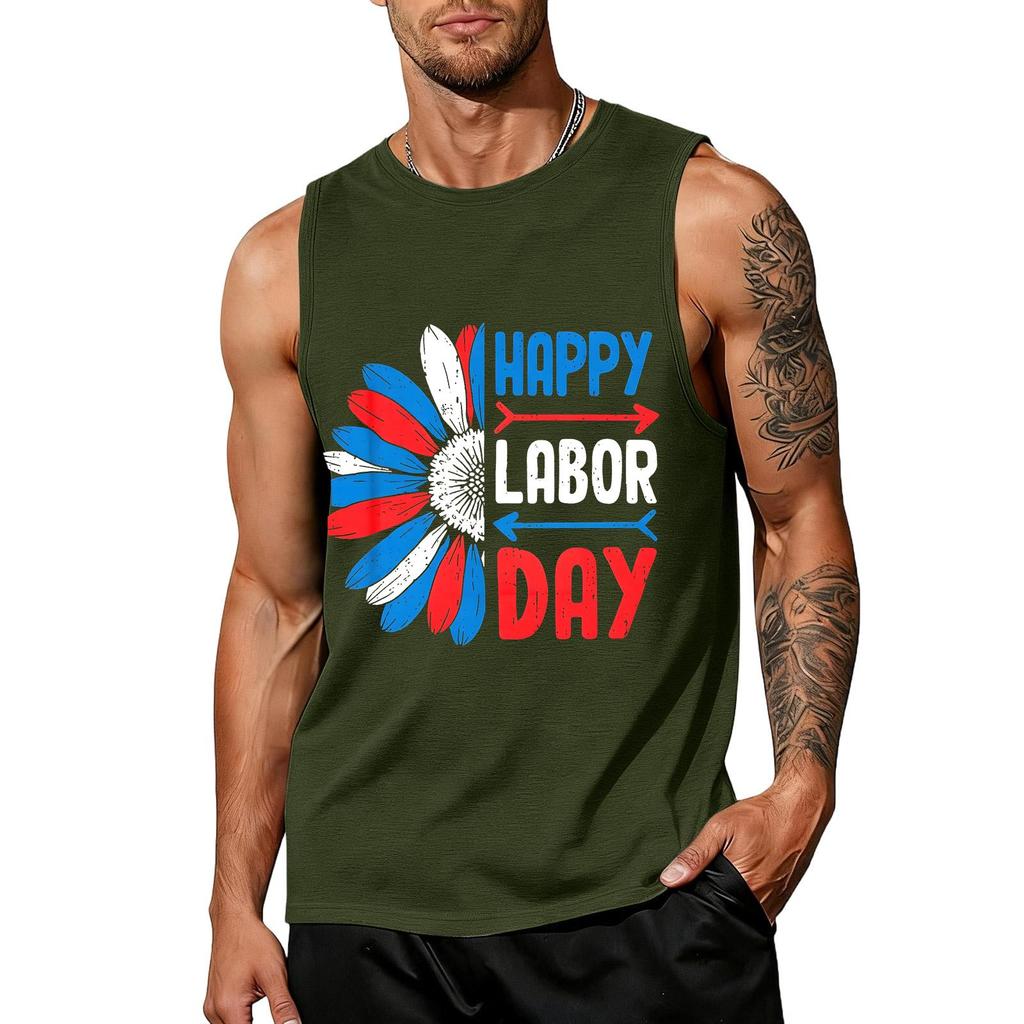 Men's Sleeveless Casual Tank Top with Labor Day Graphic Print Lightweight Summer Muscle Shirt for Outdoor Activities