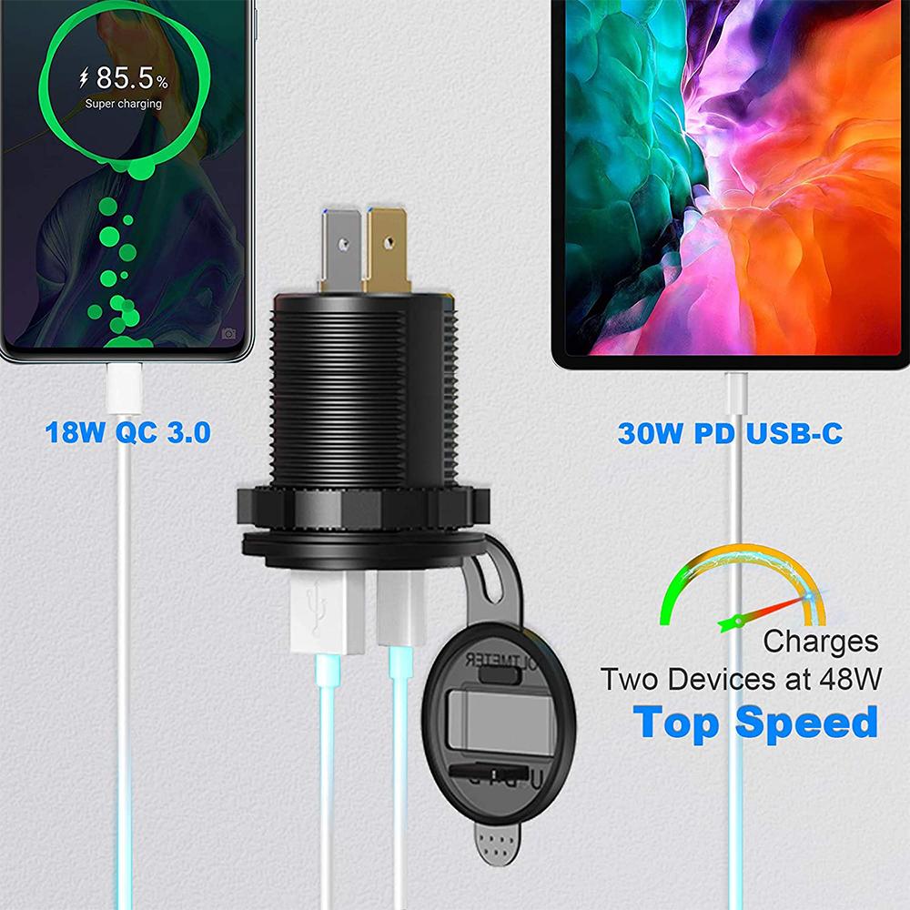 12V/24V Car Charger Socket with ON/Off Switch Voltage Display  45W PD USB QC 3.0 Fast Charger for Car Truck Boat RV Motorcycle
