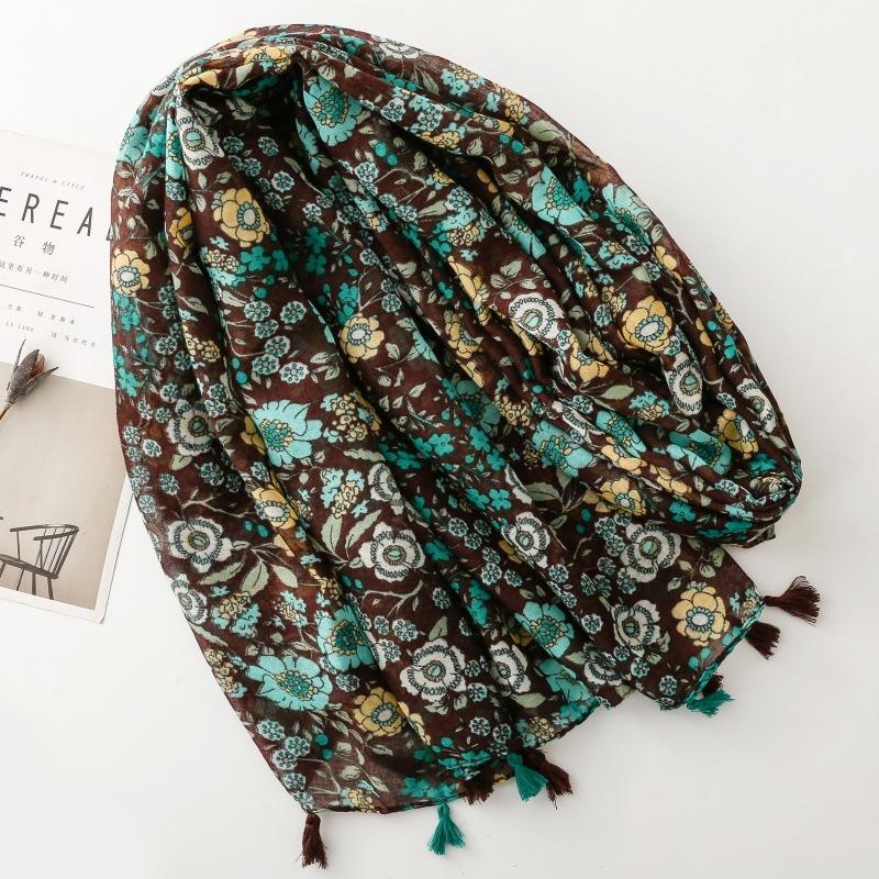 88*180cm Böhmisch Grün Blume Damen Viskose Schal Stola Baumwolle Leinen Gefühl Quaste Pashmina Muslimischer Hijab Wickeltuch Dame Frau