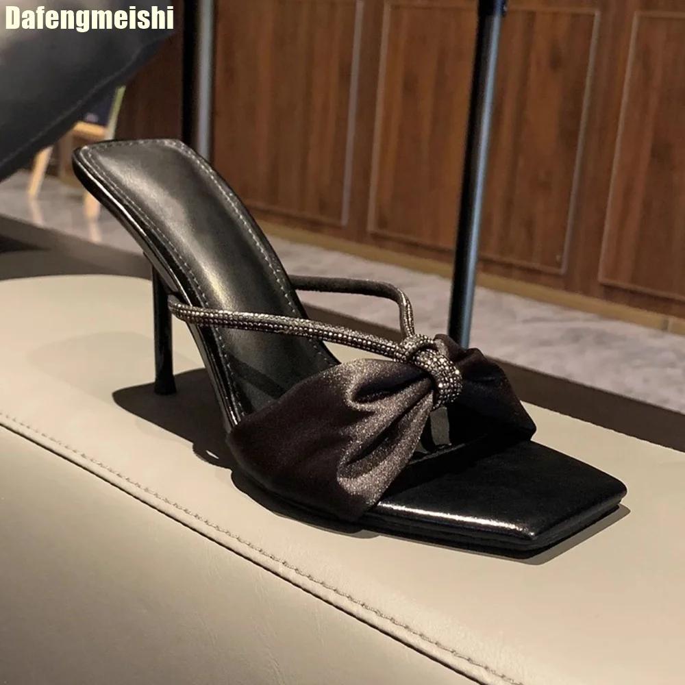 Fashion Purple Satin Rhinestone One-Strap Sandals for Women 2025 Summer New Bow Open-Toe Thin High-Heeled Slippers Casual Fashion Slides