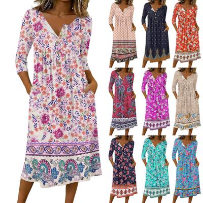 Women's Fashionable Color Printed Round Neck 3/4 Sleeve Button Collar Mid Length Casual Dress