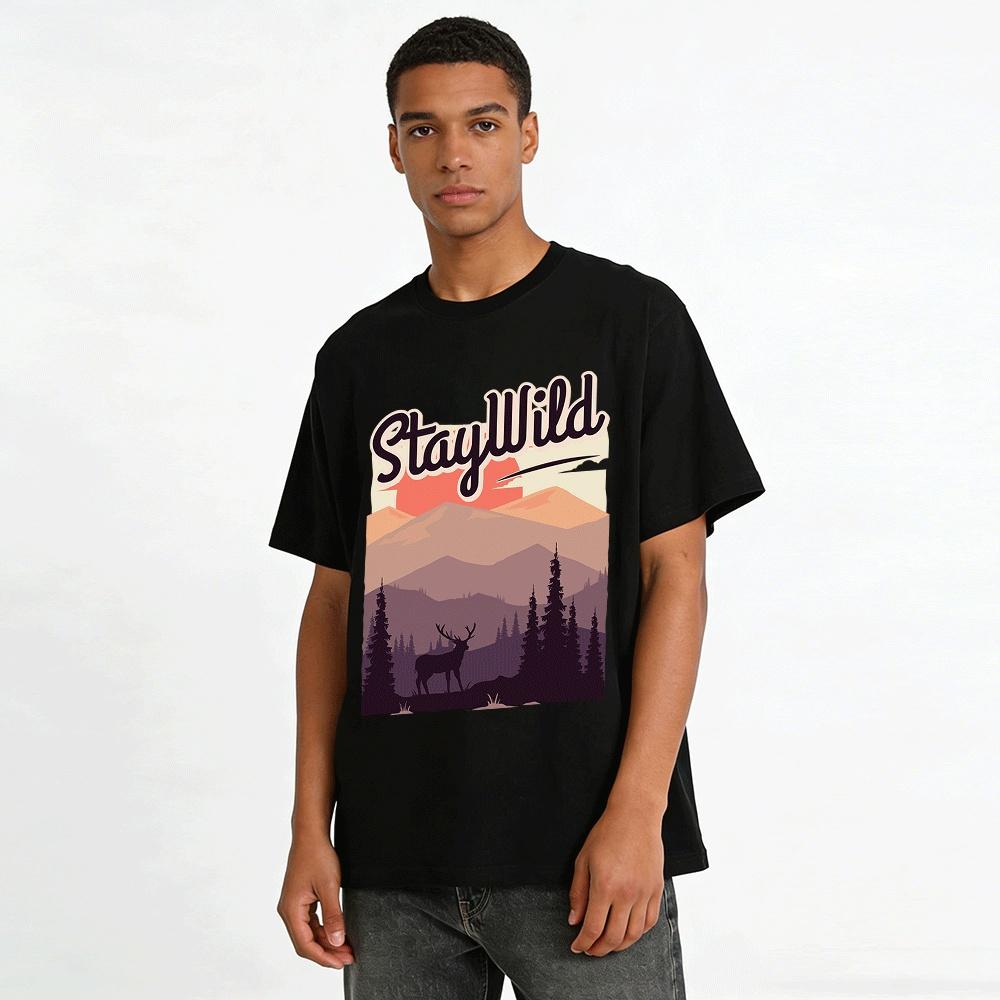 Stay Wild Outdoor Mountain Elk Print Casual Unisex T-shirt Pure Cotton T-shirt