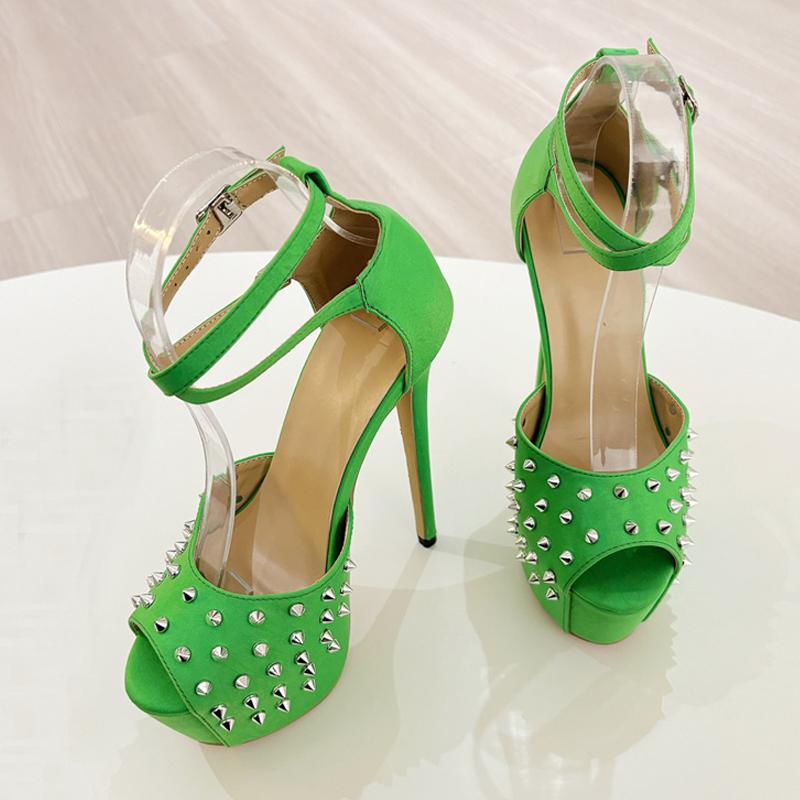Fashion Liyke 2025 New Green High Heels Sandals Women Sexy Peep Toe Platform Pumps Fashion Rivet Decoration Ladies Party Banquet Shoes