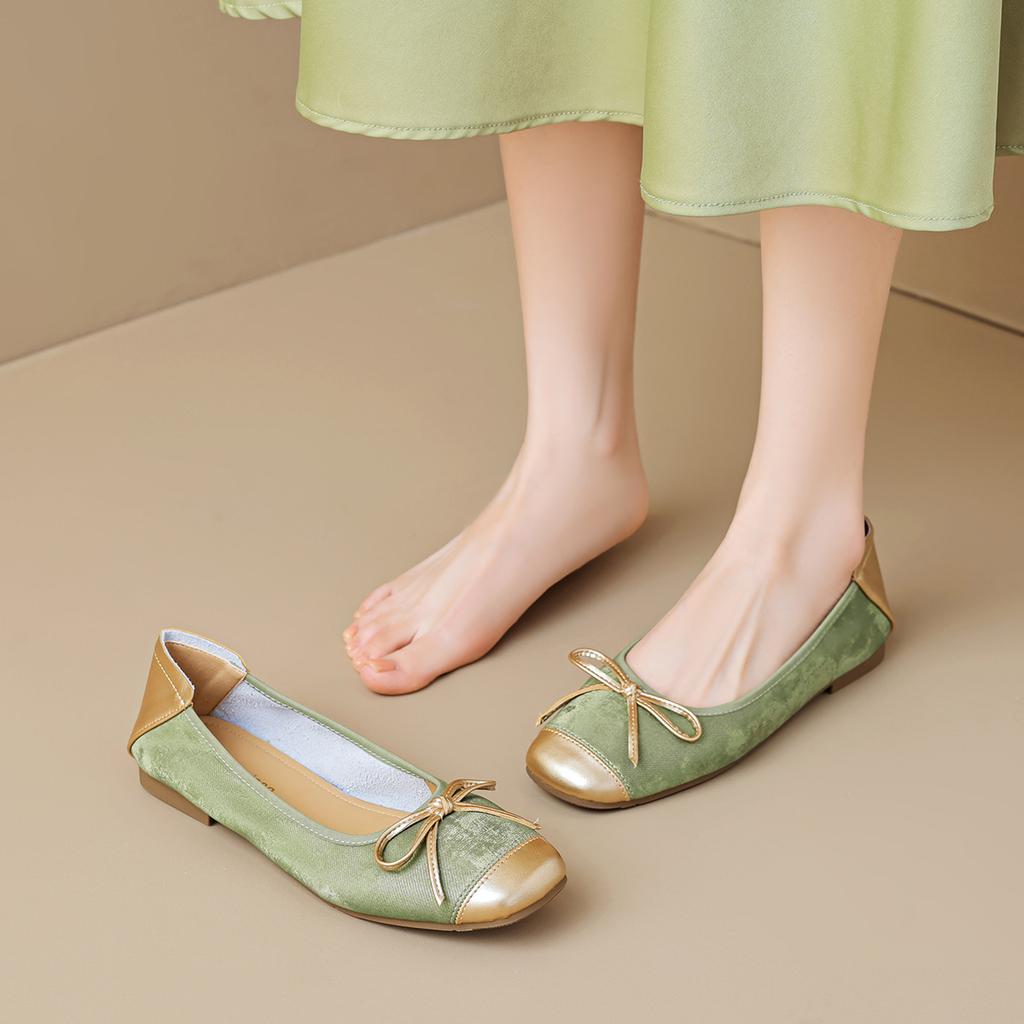 Single shoes women's flat bow soft sole light mouth silver Mary Jane shoes