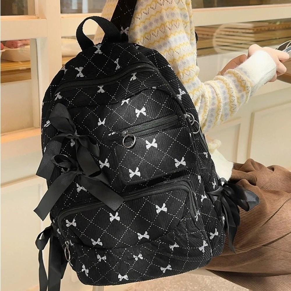 Fashion Corduroy Bow Schoolbag Large Capacity Ins Style Versatile Backpack Bow Print Students Backpack Student