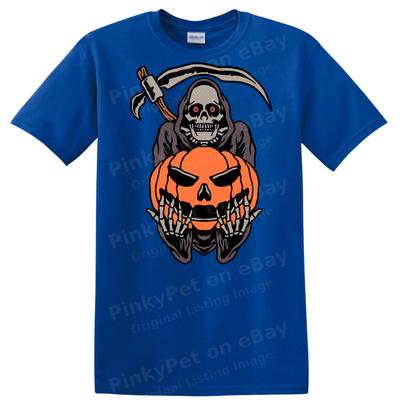 Grim Reaper Halloween T Shirt W/ Skeleton Pumpkin Graphic Funny Tee Design