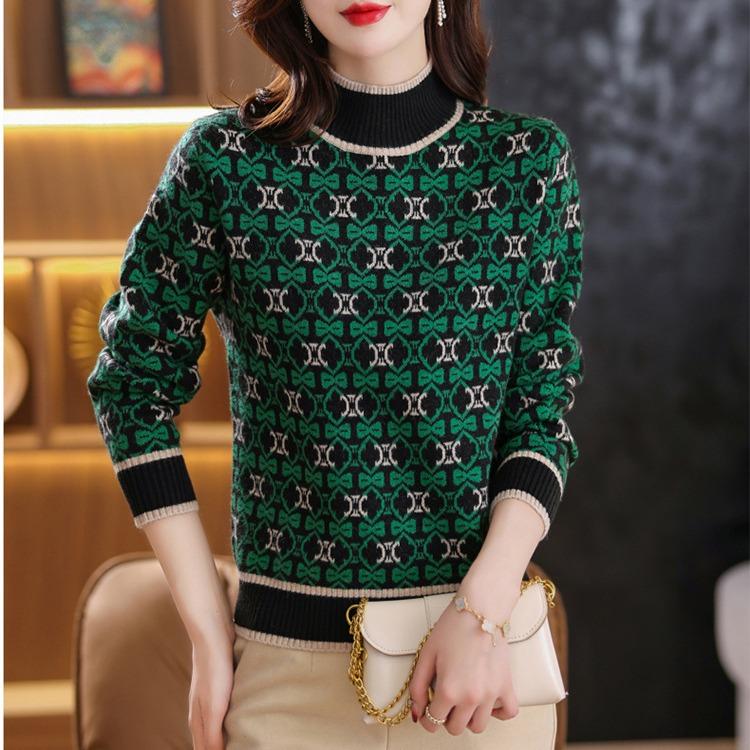 

Half Turtleneck Color-blocking Sweater for Women In Autumn and Winter Jacquard Knitted Sweater Floral Casual Long-sleeved Pullover S зелений