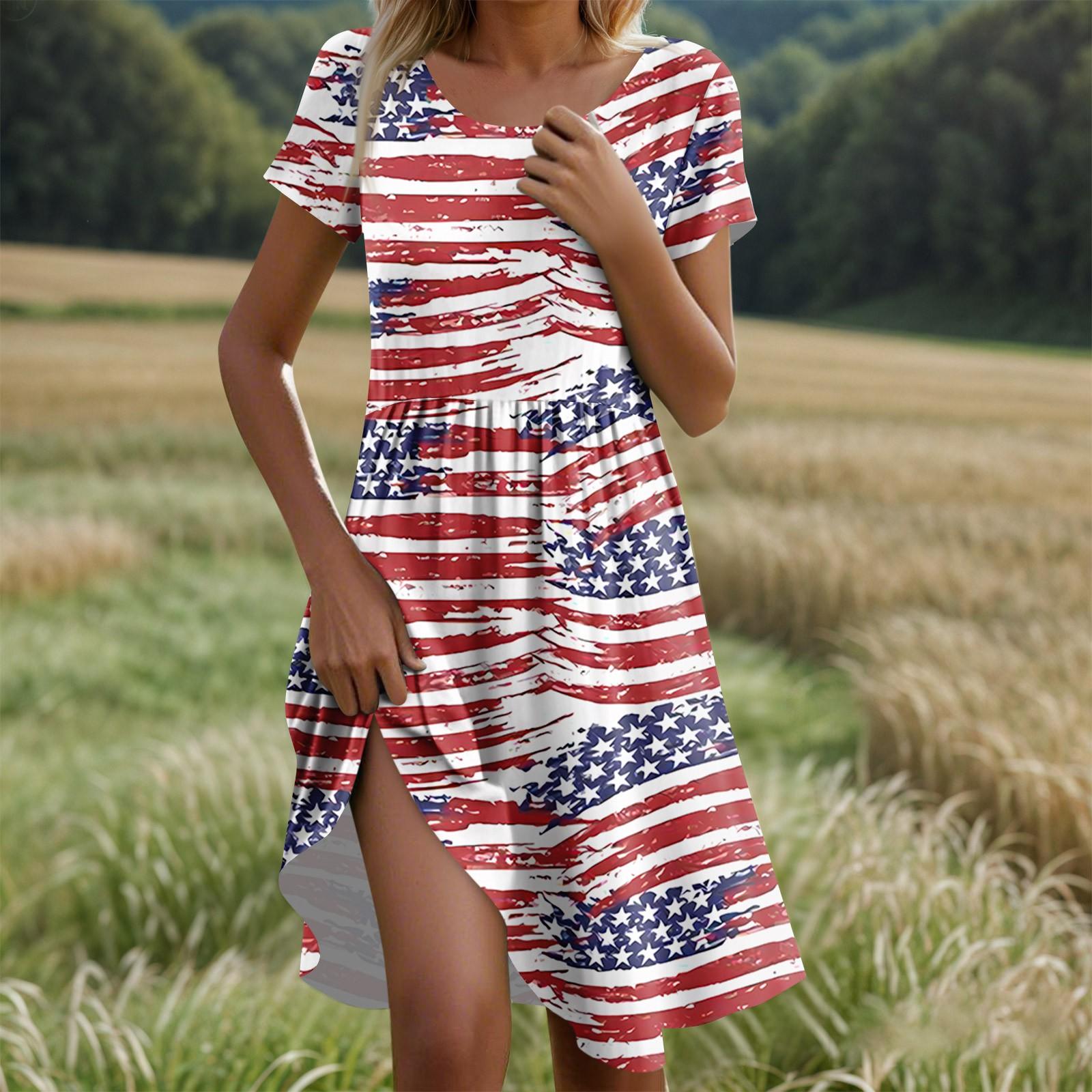 

Women s Casual Fashion Round Neck Short Sleeve Independence Day Printed Midi Dress XL