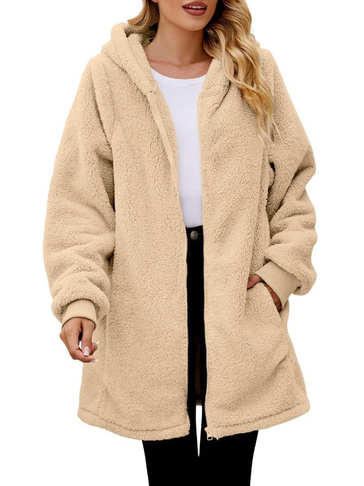 Winter loose plush women's long sleeved hooded zipper cardigan jacket