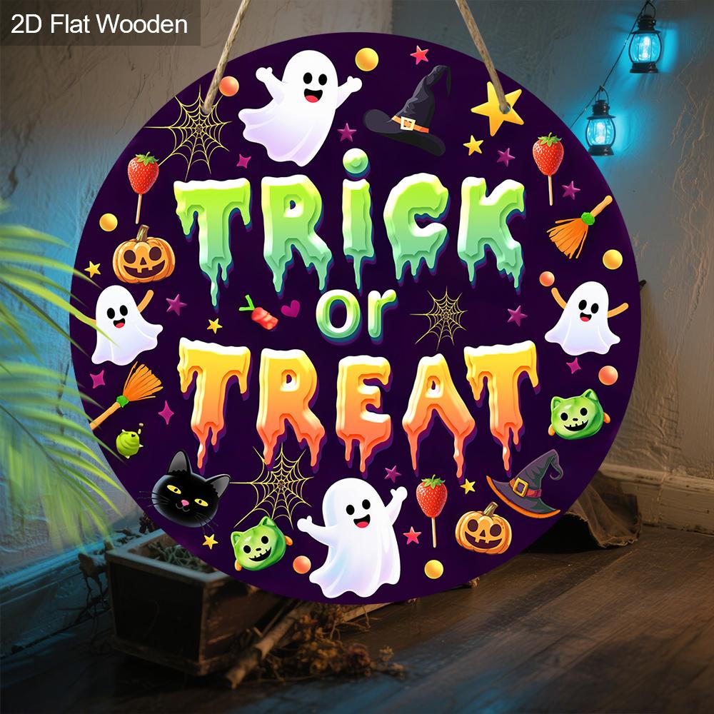 JIT 1pc 2D Flat 'trick or Treat' Halloween Theme Wooden Decorative Signs & Plaque, Bohemian Style Wall Hanging Decor, Suitable for Family Front Door