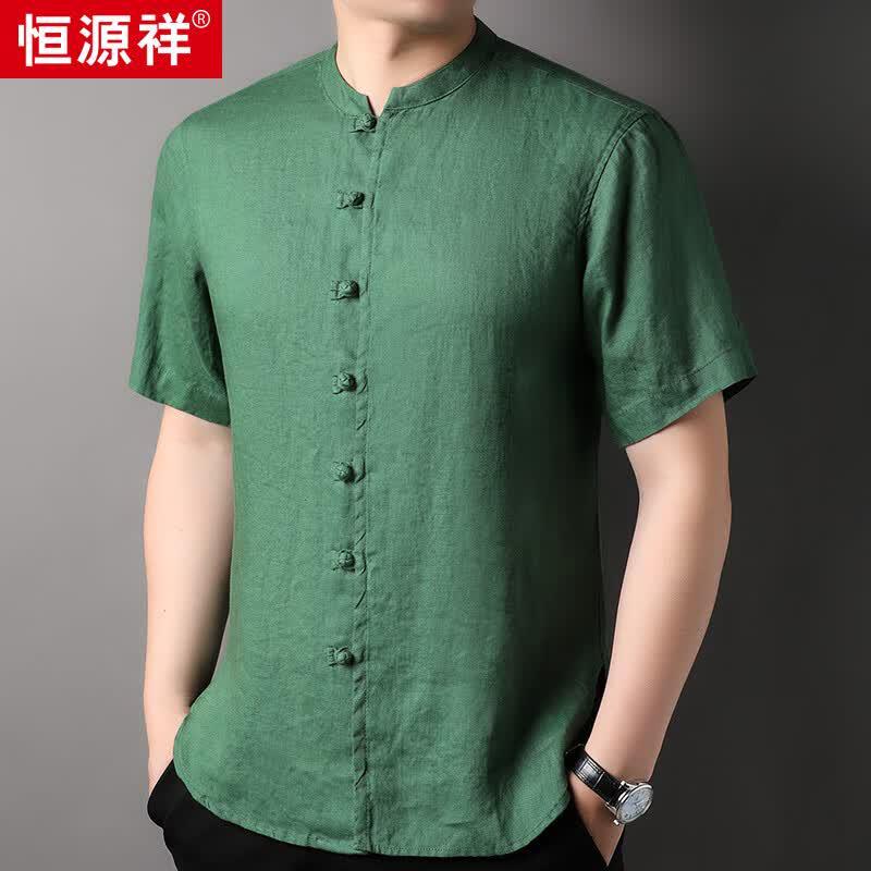 Hengyuanxiang Men s 100% Linen Short-Sleeve Shirt L