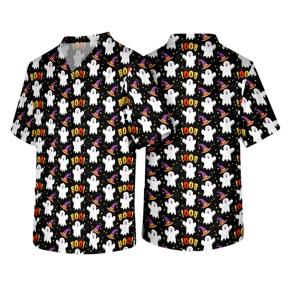 Men's V Neck Halloween Print Medical Scrub Top with Chest Pocket Short Sleeve Comfortable Fit Lightweight Fabric