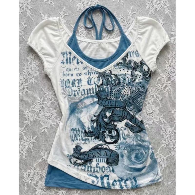 T-Shirts Damen Y2k Ästhetik Harajuku Vintage Patchwork Neckholder Bandage V-Ausschnitt Buchstabendruck Grunge Gothic Crop Tops