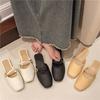 Women's Square Toe Mule Slides Buckle Decor Flat Slippers Casual Mary Jane Style Sandals for Ladies