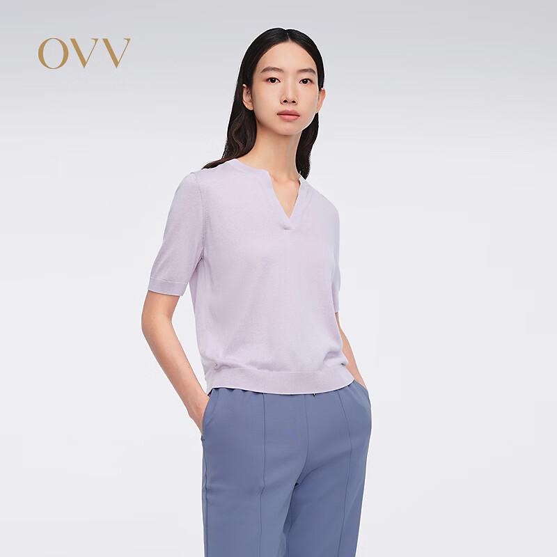 OVV Women s Silk Cashmere V-Neck Short Sleeve Knit Top M