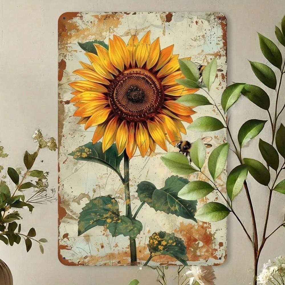 Vintage Metal Wall Art Sunflower Bee Poster Home Decor