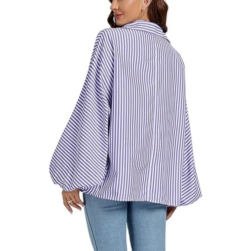 Women's Elegant Loose Casual Single Breasted Striped Shirt Lantern Sleeve Long Sleeve Lapel Shirt