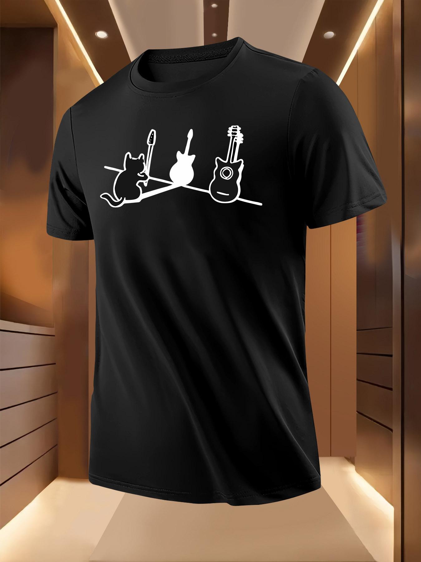 Cat and Guitar Print Pattern Tshirt S