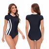 Womens Short Sleeve Colorblock Zipper Front One-Piece Swimsuit With Built-in Pad High-Waisted Athletic Swimwear Pool Beach