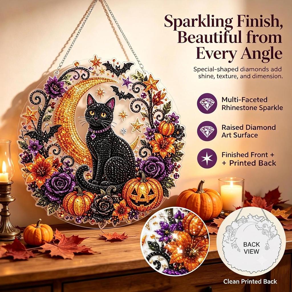 Halloween Black Cat Moon 5D Diamond Art Hanging Ornament Kit Double Sided