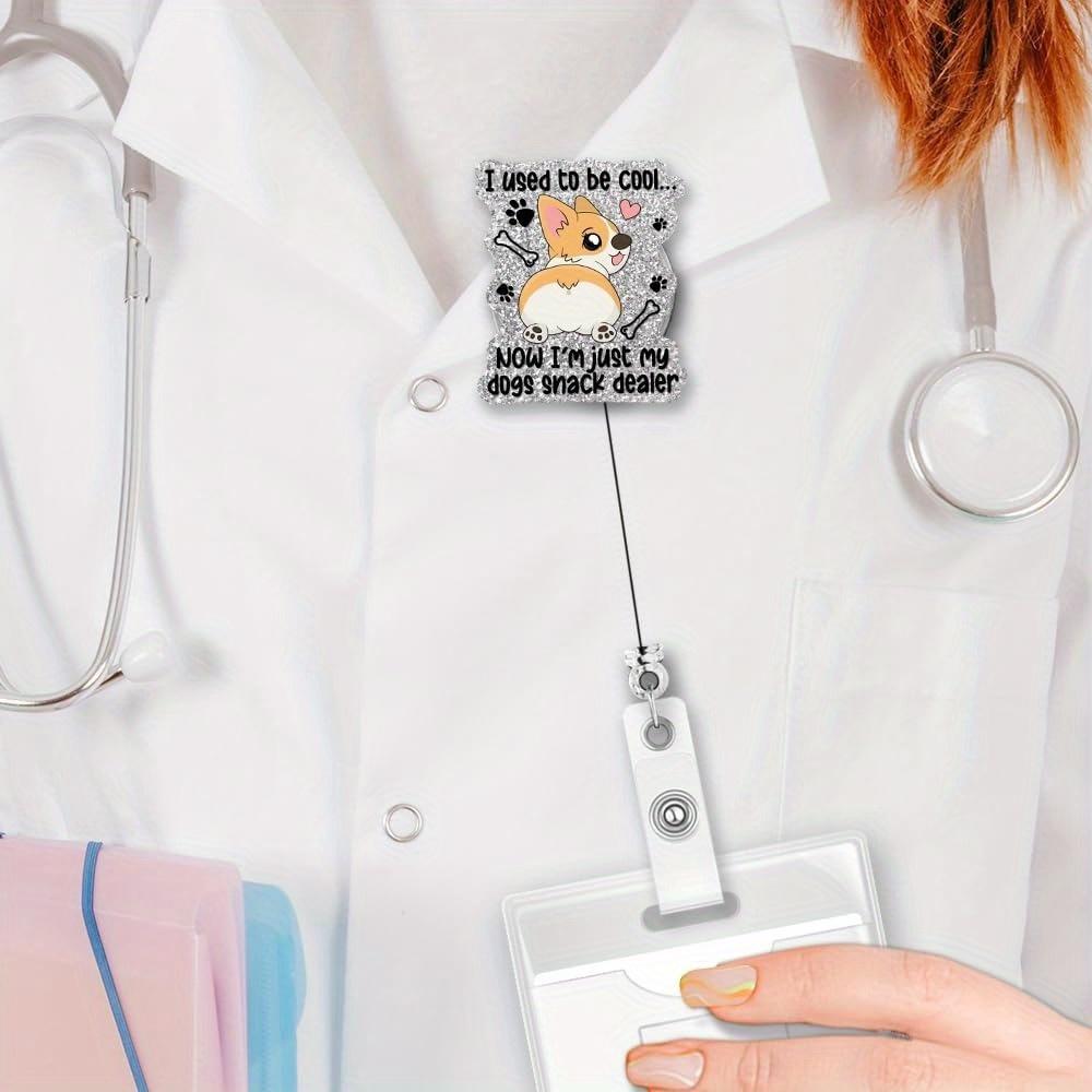 Retractable silver corgi badge reel. A fun gift for nurses, doctors, and dog lovers.