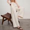 Lace-Up High Waist Cotton Linen Wide-Leg Cropped Pants
