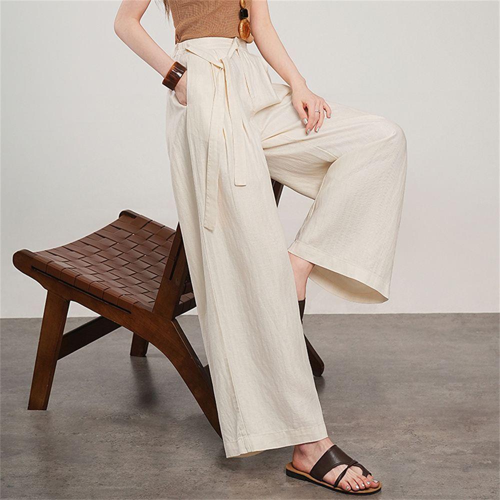 Lace-Up High Waist Cotton Linen Wide-Leg Cropped Pants