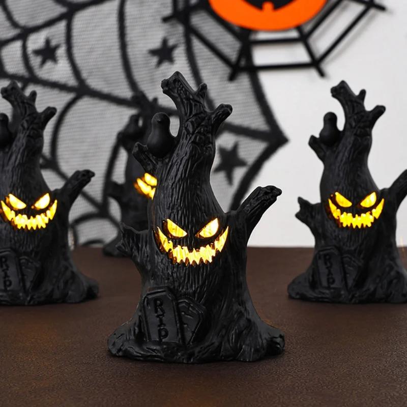 1-10PCS Halloween LED Ghost Face Tree Statue with BatterySpooky Tree Demon Statue Tabletop Bark Face Figurine for Indoor Outdoor