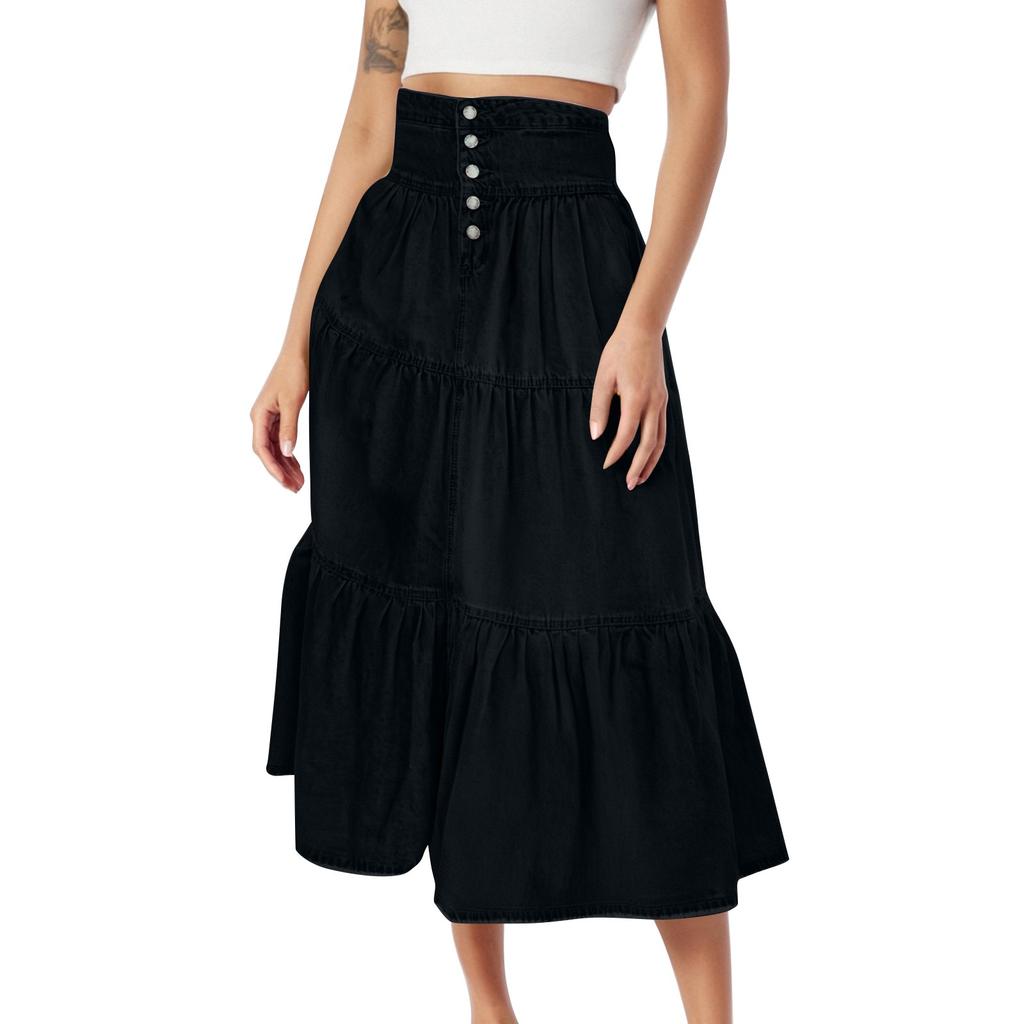 Women's Fashionable Retro Button High Waisted Long Denim Skirt