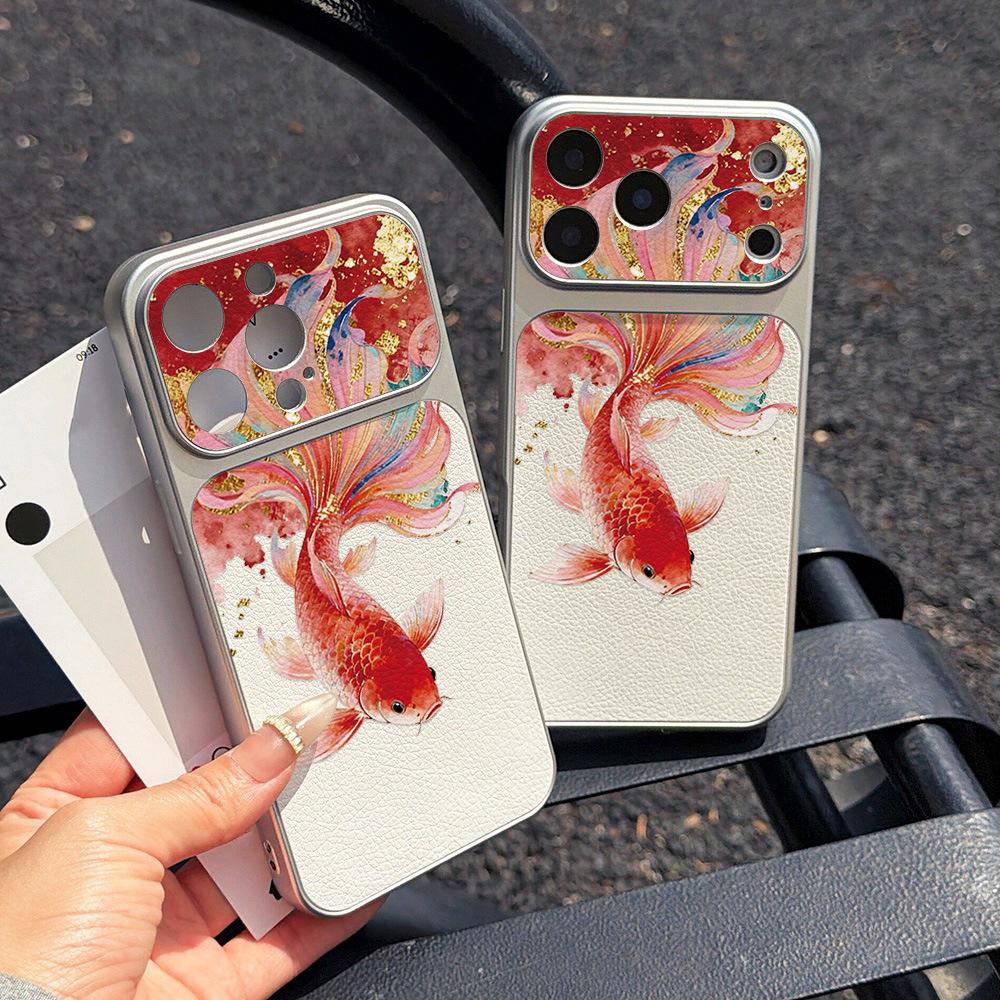 Electroplated lambskin colored koi is suitable for Apple 16/15/14/13promax mobile phone case 12/11 anti-drop