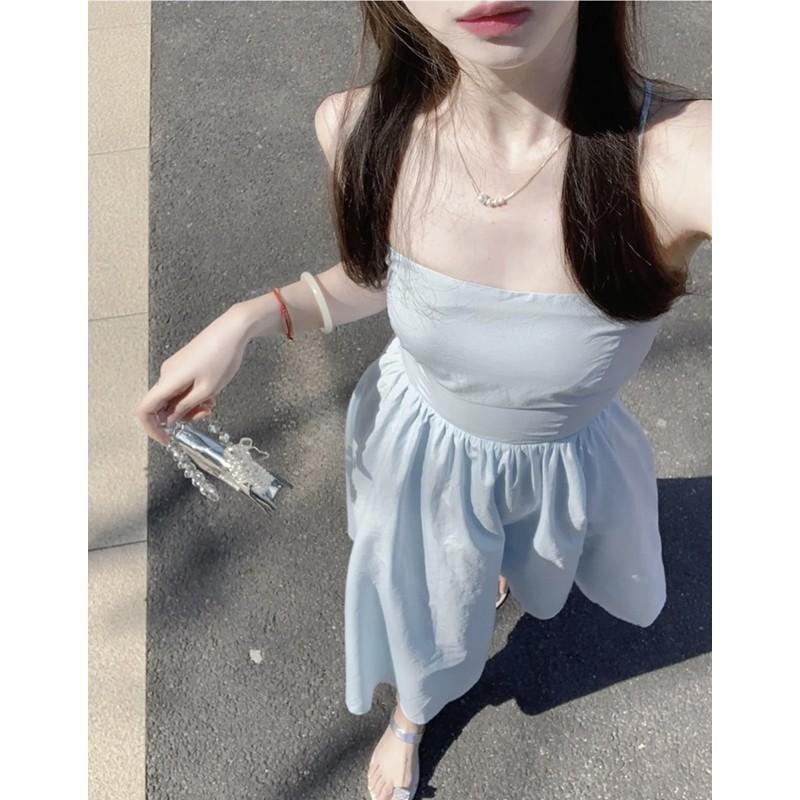 

Seaside vacation style dress women s summer design feeling backless strap a word long dress French temperament suspender skirt S светло-синий