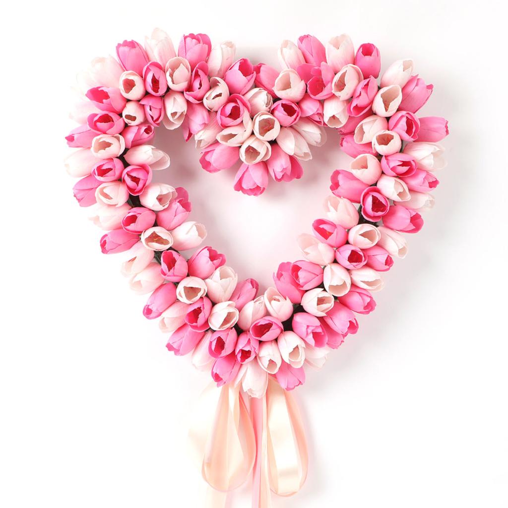 Heart Shaped Wreath Spring Summer Artificial Flowers Wreath for Festival Front Door Window Wall Decor Pink