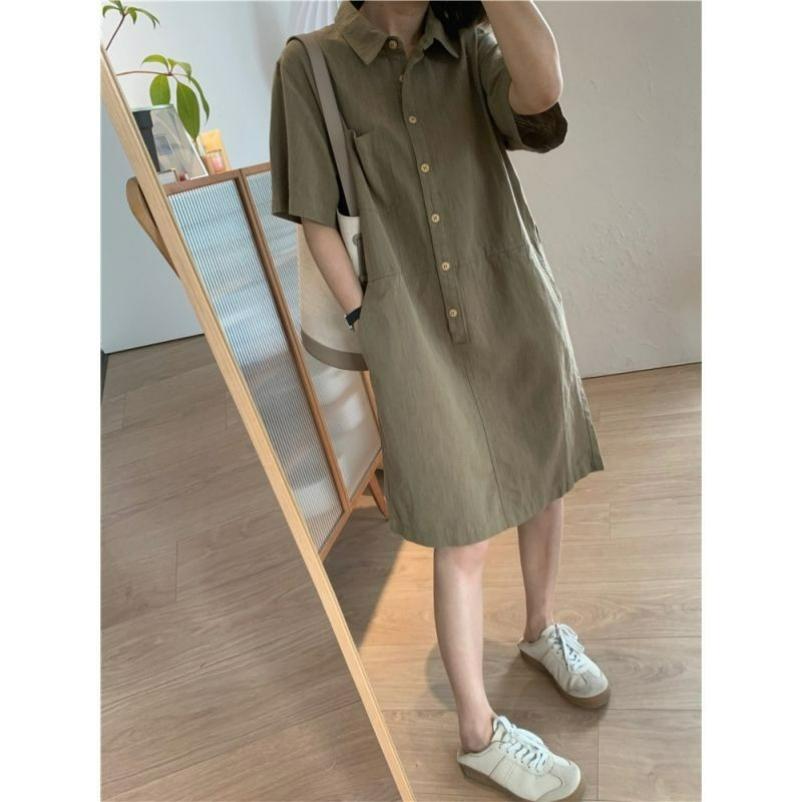 Cotton and Linen Women's Simple Temperament Commuter Casual Straight Lapel Pullover Short Short-sleeved Dress Summer