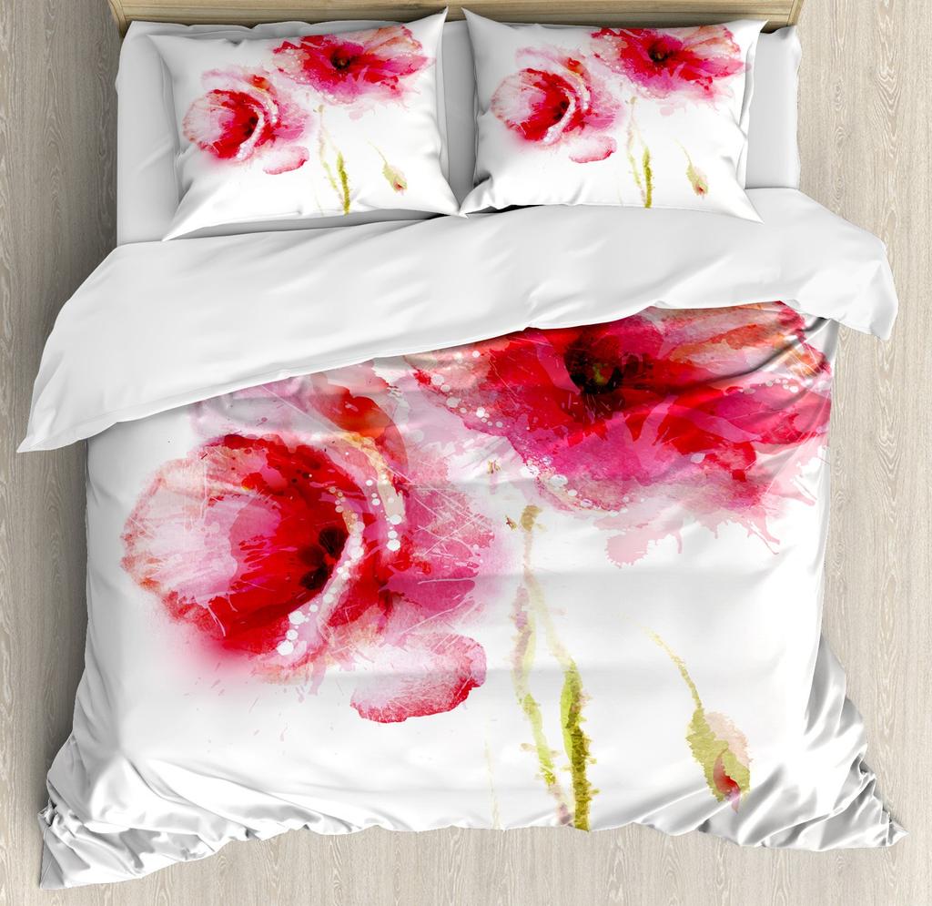 Flower Duvet Cover Set, Little Red Spring Summer Time Garden Florals Poppy Decorative 3 Piece Bedding Set with 2 Pillow Shams